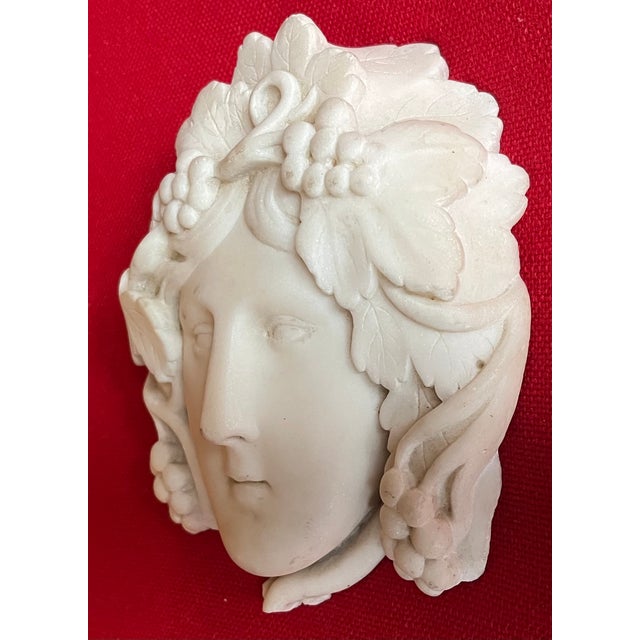 19th Century Antique English Regency Architectural Elements - Carved White Statuary Marble Masks or Wall Plaques - Classical Youths With Grapevine Hair - A Pair For Sale - Image 5 of 14