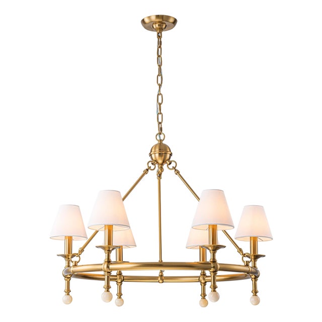 Aloadecor Warm Brass Chandelier With Fabric Shades and Alabaster Finials For Sale