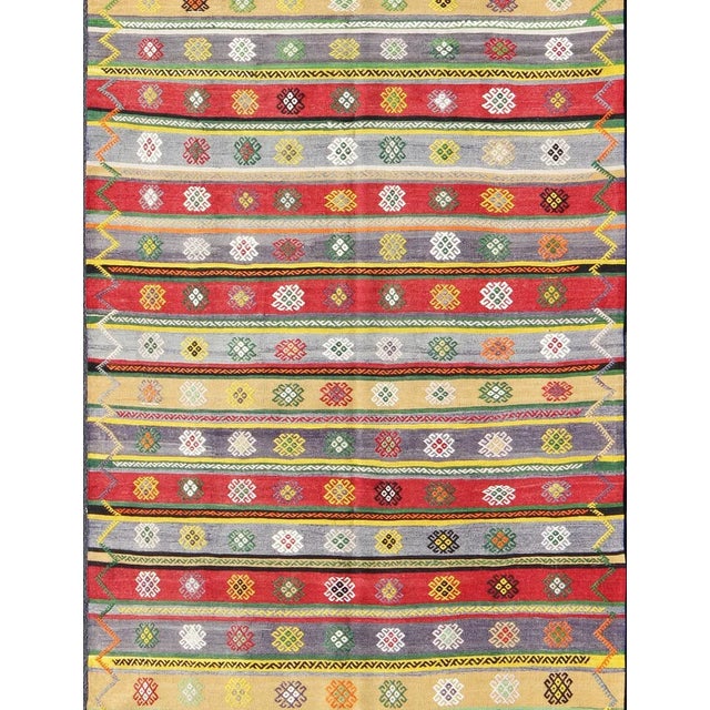 Tribal Mid 20th Century Colorful Large Turkish Kilim Carpet With Striped Geometric Shapes Design For Sale - Image 3 of 12