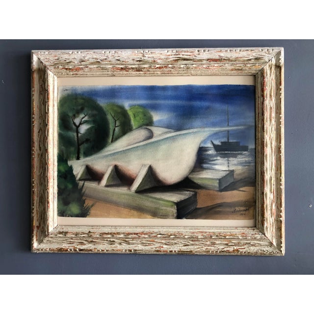 Vintage 1950 Wpa Style Pastel Painting of a Ship For Sale - Image 11 of 12