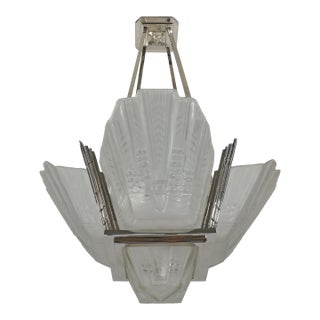 1930s French Art Deco Jean Gauthier Ejg Chandelier - Frosted Molded Glass & Nickeled Bronze For Sale