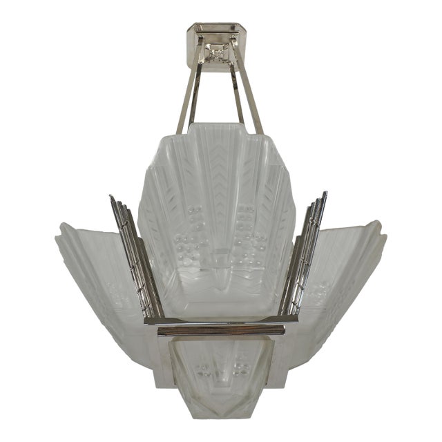 Jean Gauthier Ejg French Art Deco Nickeled Bronze & Frosted Glass Chandelier 1930s For Sale