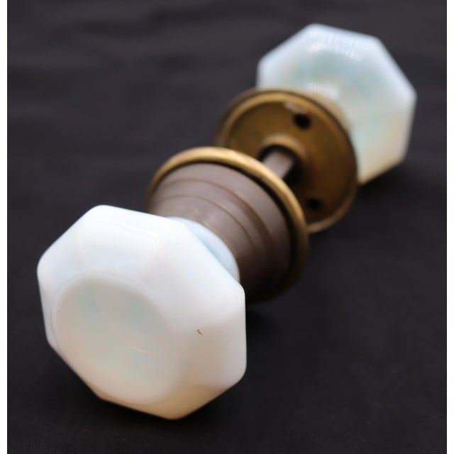 Antique Wide Shank Iridescent Milk Glass Door Knob Set For Sale - Image 4 of 6