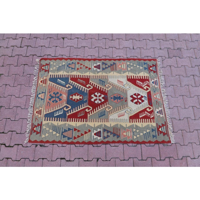 1990s Scandinavian Red Geometric Kelim Rug For Sale - Image 4 of 13
