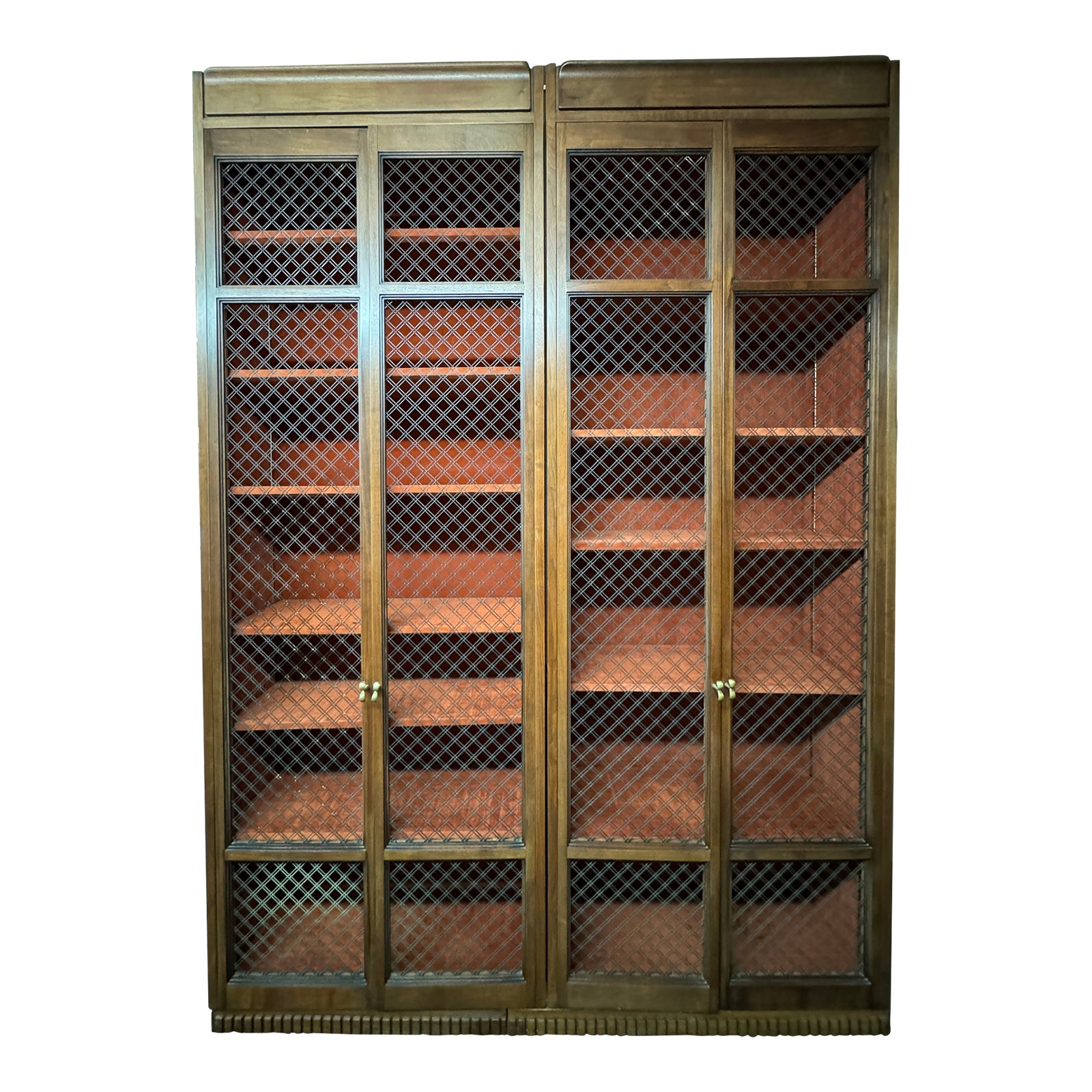 Custom Design Walnut + Bronze Mesh Three Piece Bookcase | Chairish