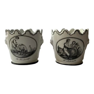 Pair of Italian Neoclassical Black & White Porcelain Cachepots, Circa 1960 For Sale