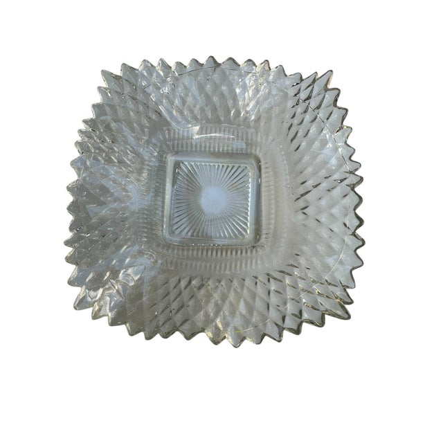 Vintage Indiana Glass “Diamond Point” amber carnival glass candy dish in a warm, iridescent clear finish 7" x 7" x 2" H.