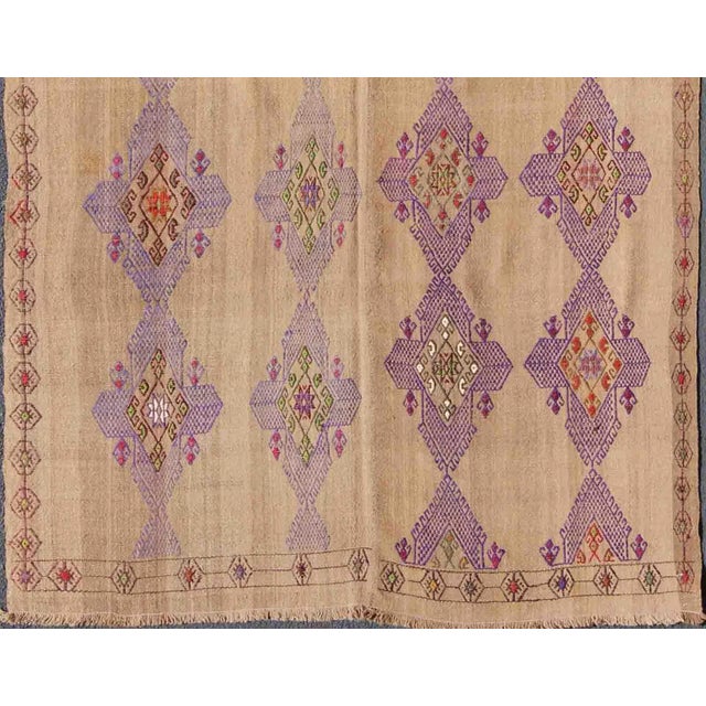 Turkish Kilim Rug With Embroidered Purple Diamonds and Star Border For Sale - Image 3 of 13