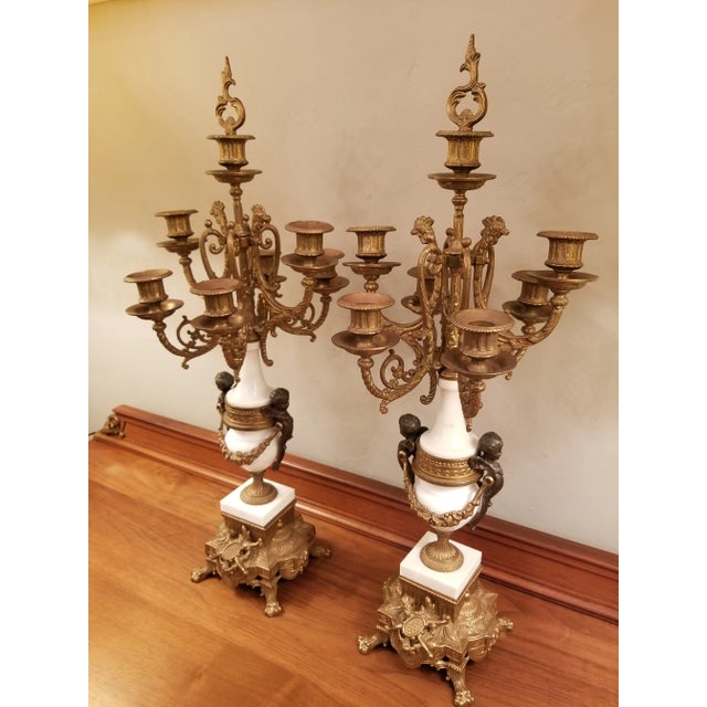 Vintage Italian Pair of 7-Light Gilt Bronze & Marble Figural Cherub Candelabras For Sale - Image 17 of 18