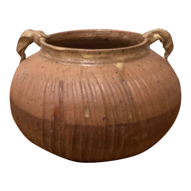 Vintage Stoneware Vessel/Vase With Swirl Handles, Artist Signed and Stamped For Sale