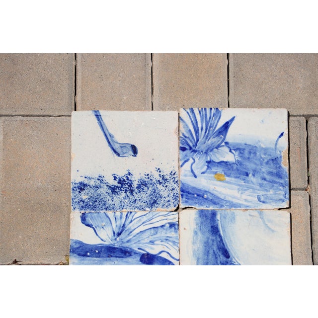 Ceramic Antique Set of 6 Baroque Portuguese Tiles, 18th Century Blue & White Scenic and Botanical Details For Sale - Image 7 of 10