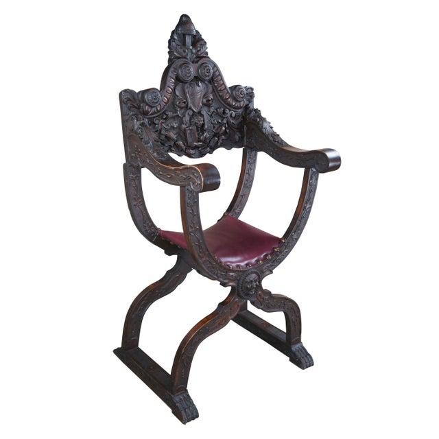 Traditional Late 19th Century Antique Italian Renaissance Revival Walnut Curule Savonarola Lion Throne Chair For Sale - Image 3 of 12