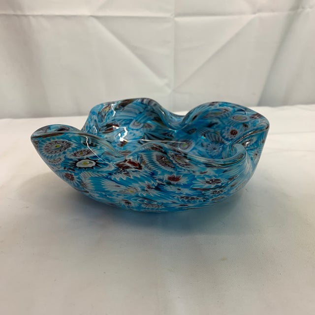 Fratelli Toso Vintage Mid-Century Murano Millefiori Blue Ruffled Glass Bowl - Fratelli Toso For Sale - Image 4 of 10