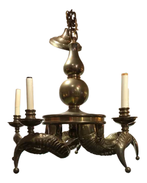 1970s Hunky Brass Rams Horn Motif Chandelier