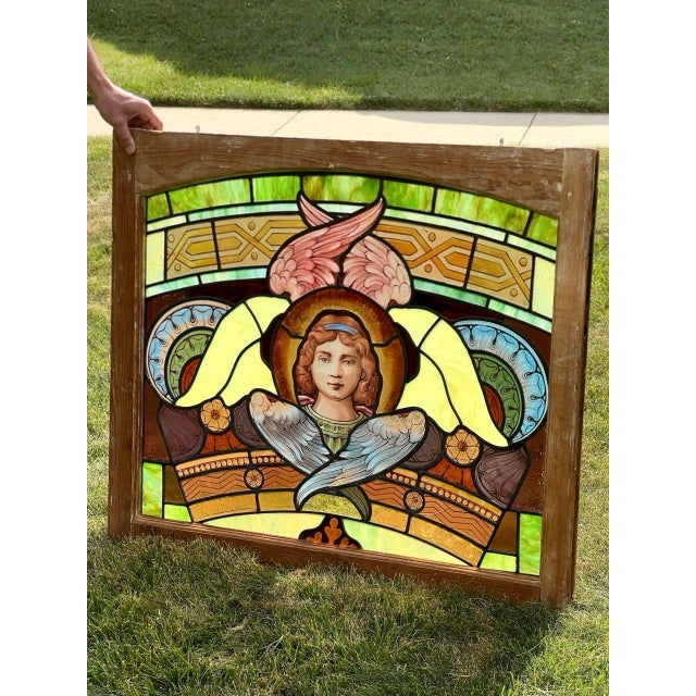 19th Century Stained Glass Window With Painted Angel Portrait in Original Frame For Sale - Image 14 of 17