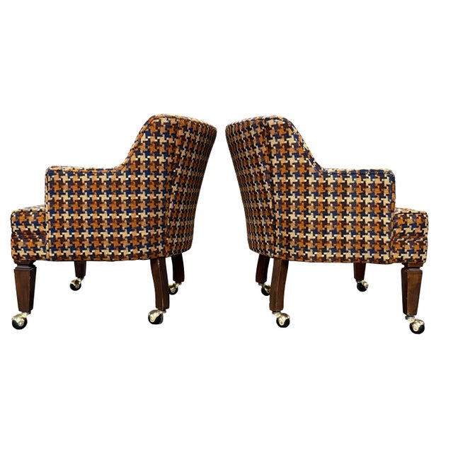 Set of 4 Vintage Mid-Century Modern Club Chairs — Houndstooth Plaid on Casters For Sale - Image 4 of 10