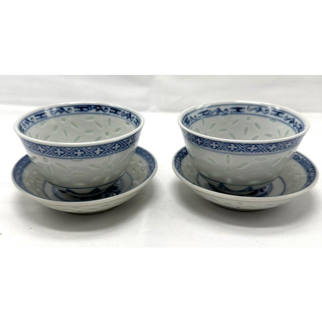 Vintage Chinese Rice Grain Blue & White Tea Cups & Saucers - Signed - Set of 4 For Sale - Image 12 of 13