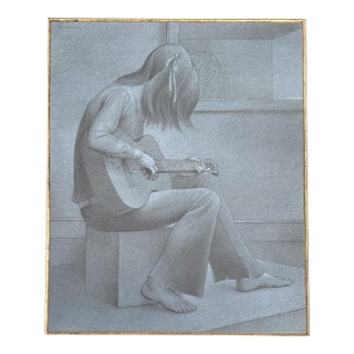 1970s Original Signed Henderson "Study for Guitar" Pencil and White Wash Sketch in Grey Linen and Gold Matting For Sale