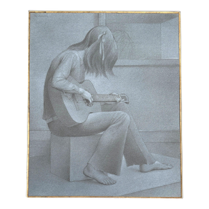 1970s Original Signed Henderson "Study for Guitar" Pencil and White Wash Sketch in Grey Linen and Gold Matting