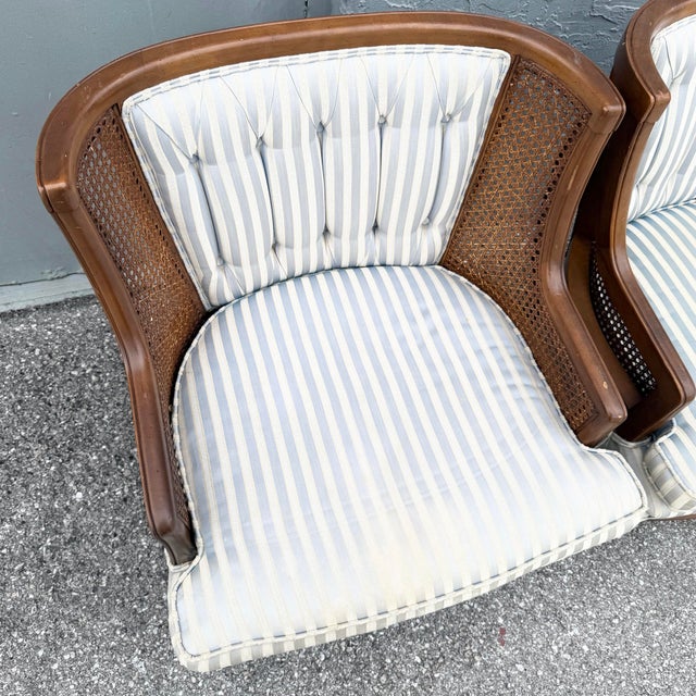 Wood Vintage Hollywood Regency Cane Tufted Barrels Chairs - A Pair For Sale - Image 7 of 9