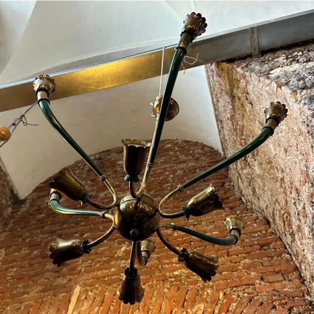 1960s Mid-Century Modern Green Painted Metal and Brass Italian Chandelier For Sale - Image 6 of 9