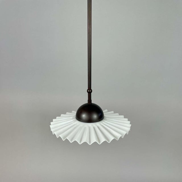 French Art Deco White Opaline Glass and Burnished Brass Pendant, 1940s For Sale - Image 3 of 18