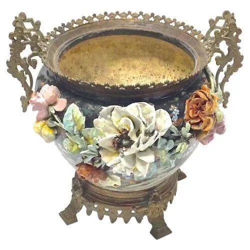 Large magnificent antique ceramic & bronze French Barbotine Edouard Gilles majolica floral jardinière w/mottled glaze on...