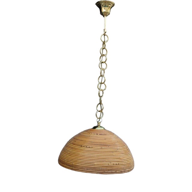 Dome Ceiling Light in Wicker & Brass, Italy, 1970s For Sale