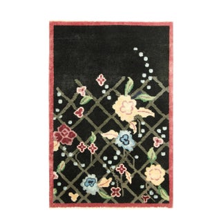 Rug & Kilim’s Gift-Size Chinese Art Deco Style Rug in Black With Floral Patterns For Sale