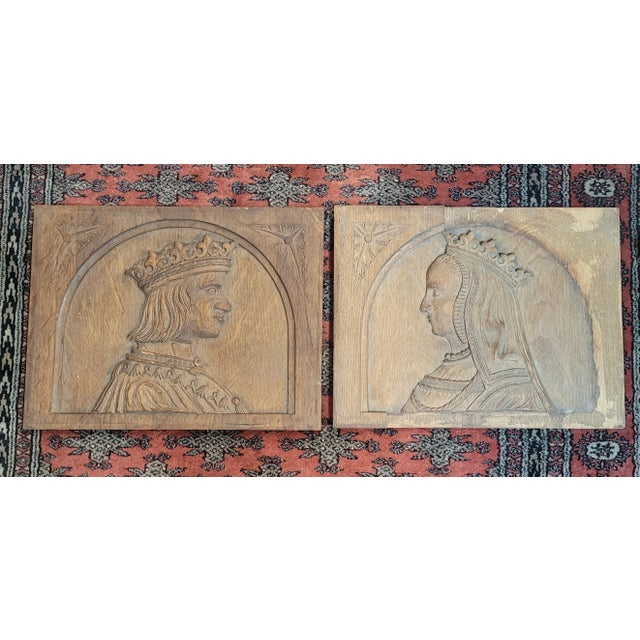 Pair Antiqure Carved Oak Panels of a King & Queen For Sale - Image 4 of 8