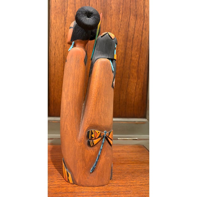 Wood 1980s Very Rare 13" Double Kachina Long-Haired Hopi Maiden by Randall Sahmie Hand Carved! For Sale - Image 7 of 16