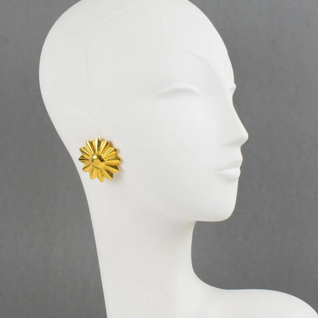 Metal Carven Gilt Metal Clip Earrings Carved Sun For Sale - Image 7 of 7