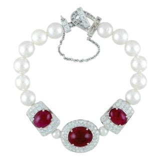 GIA Certified Burma No Heat Natural Spinel & Diamond & Pearl Bracelet, 18KWG For Sale