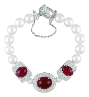 GIA Certified Burma No Heat Natural Spinel & Diamond & Pearl Bracelet, 18KWG