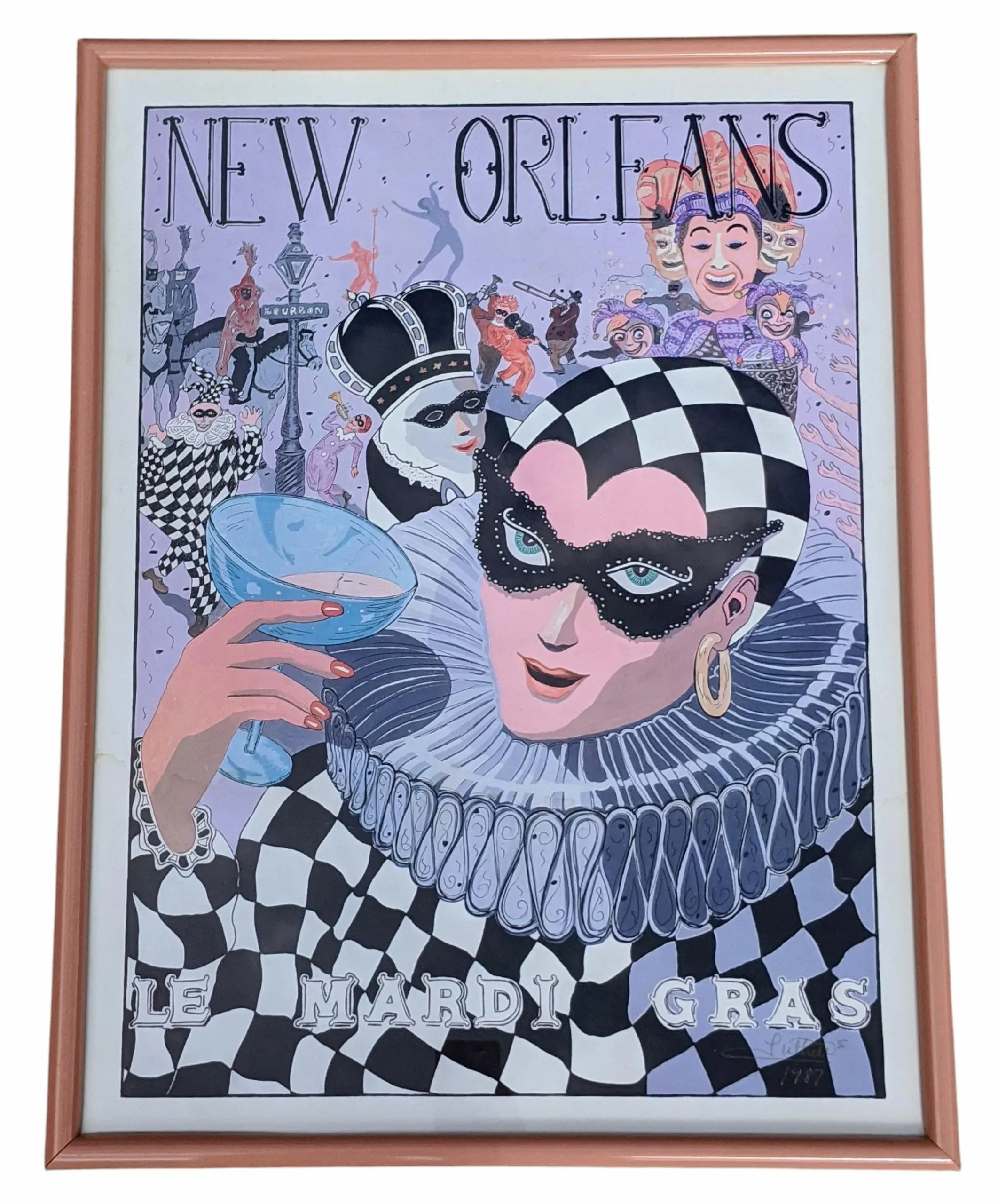 80s USA製【BEEZIL】MARDI GRAS 93アート　アメリカ古着 Vintage 1980s Le Mardi Gras New Orleans Framed Lithograph Signed