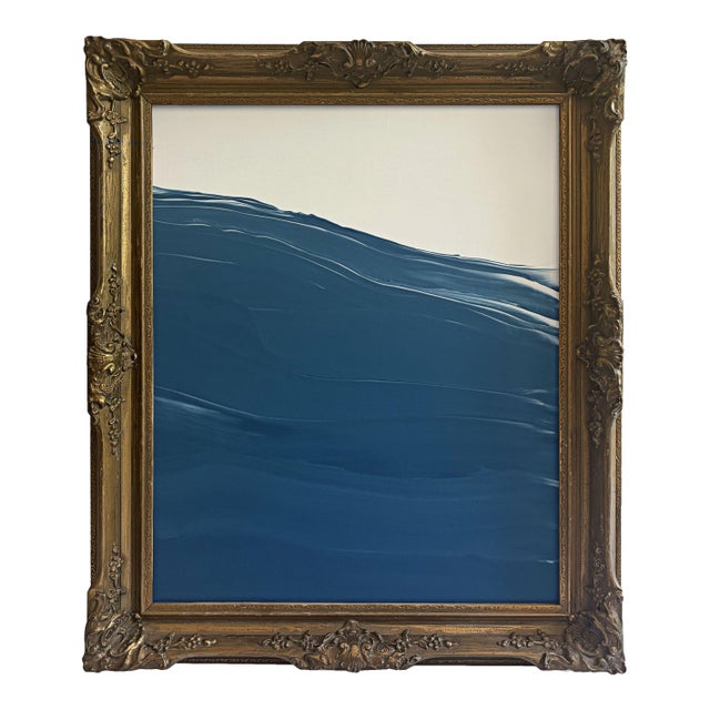 "Waves" Abstract Painting in Antique Frame, Large Seascape Ocean Painting Transitional Wall Art by JTS For Sale