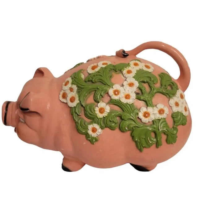 1970s Vintage Palm Beach Regency Large Pink Green Floral Resin Pig Room Decor Bank For Sale - Image 5 of 9