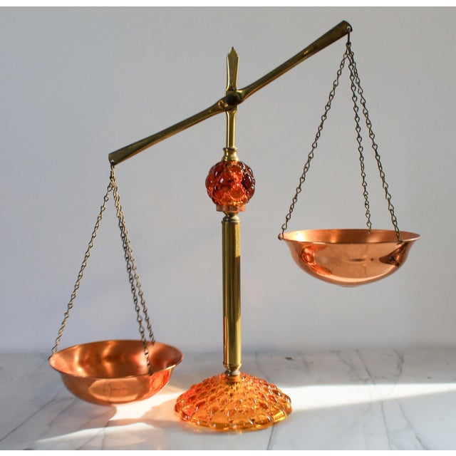 Vintage "Scales of Justice" style copper, brass and amber glass kitchen scale. No makers mark. Some patina on brass and...