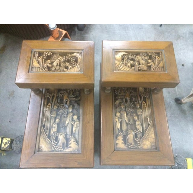 Made in Okinawa Japan 20th century. Each two upper shelves with vitrine top displaying Chinese decorative carving under...