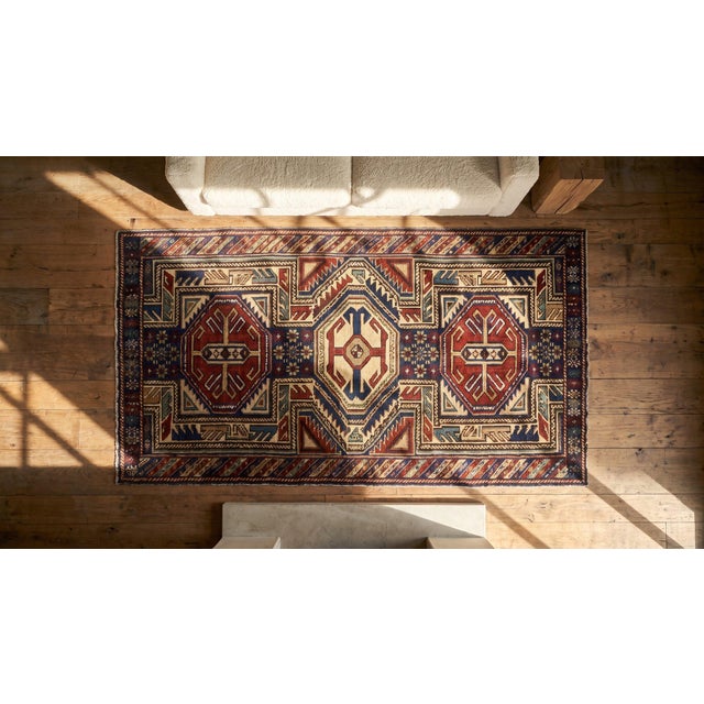 Red 1890s Multic Geometric Tribal Antique Caucasian Shirvan Rug 3'5" X 4'5" Handknotted Wool Carpet For Sale - Image 8 of 8