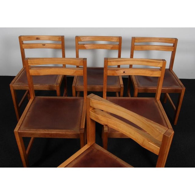 Vintage Dining Chairs in Pine and Saddle Leather by Knud Færch, 1960s, Set of 6 For Sale - Image 4 of 9