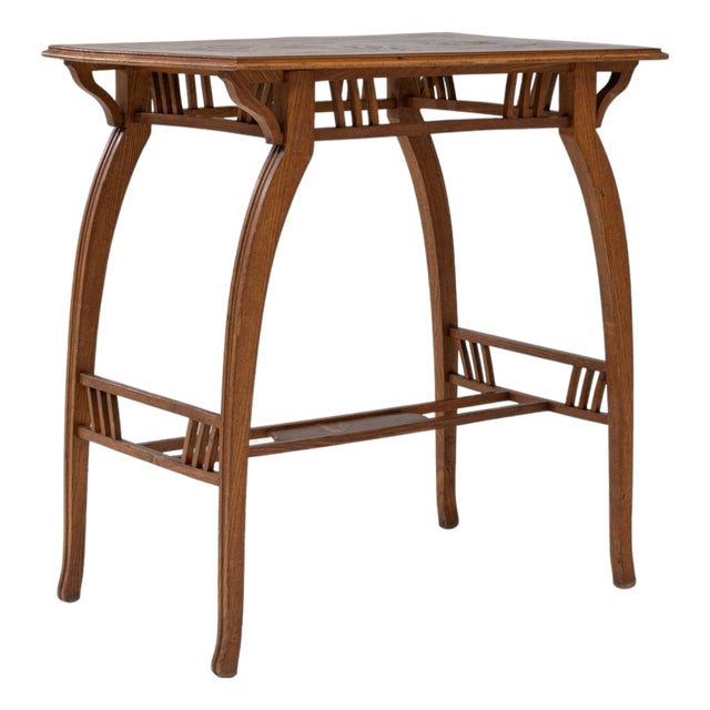 1900s French Art Nouveau Wooden Side Table With Floral Top For Sale