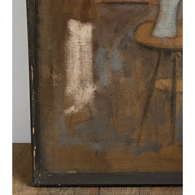 Original Mid Century Salvatore Emblema Painting on Jute - A Figure and a Looking Glass on a Table, Signed For Sale In New York - Image 6 of 8