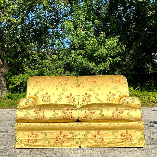 Late 20th Century Vintage Regency Embroidered Satin Floral Down Loveseat For Sale - Image 5 of 9