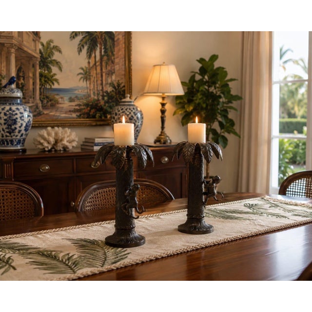 Pair of Vintage Cast Metal Palm Tree & Climbing Monkey Candlesticks For Sale - Image 9 of 12