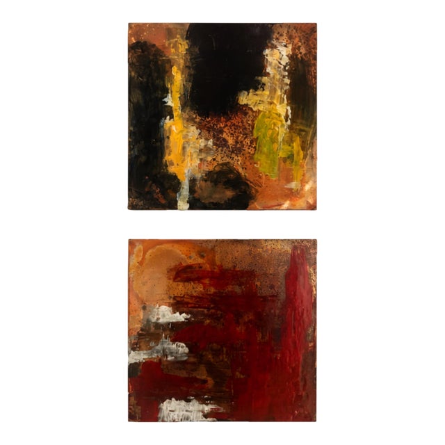 Ken Rausch Abstract Paintings on Copper, Signed Pair For Sale