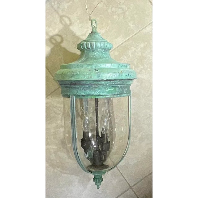 Solid Brass Lantern Hanging Pendant With Handblown Circular Glass For Sale - Image 4 of 11