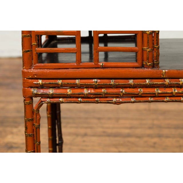 Vintage Lacquered Chinese Tiered Bamboo Lamp Table with Geometric Motifs For Sale - Image 10 of 13