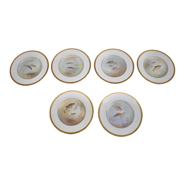 Set of 6 Antique Minton for Tiffany Hand Painted Fish Cabinet Plates Gold Rim For Sale