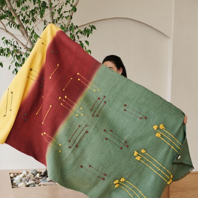 Avocado Green Multi Color Warm Hues Hand Woven Hand Knotted Textured Merino Throw For Sale - Image 10 of 10